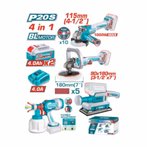 Kit 4 en 1 Inalámbrico TOTAL 20V: Amoladora + Pulidora 180 mm + Equipo para Pintar + Lijadora